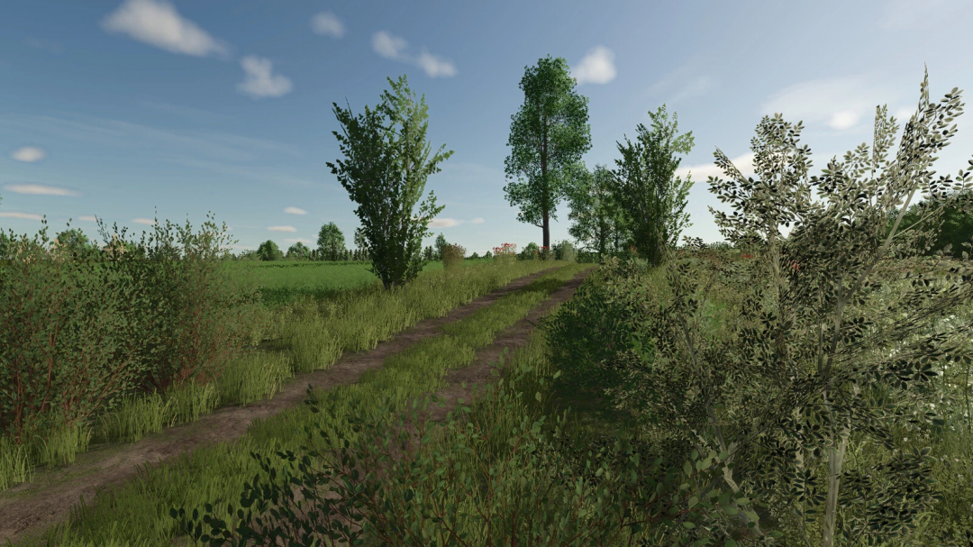 In-game landscape from Farming Simulator 25, showcasing a dirt path, trees, and green fields with modded natural scenery.