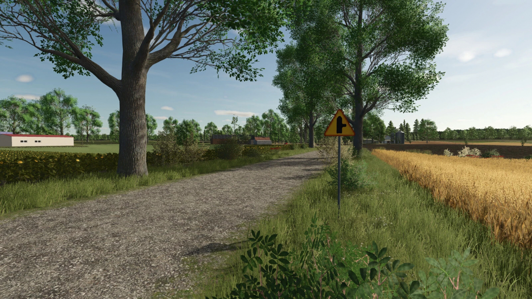 Scenic rural dirt road with trees and a warning sign from Farming Simulator 25 mods in Farming Simulator 25.