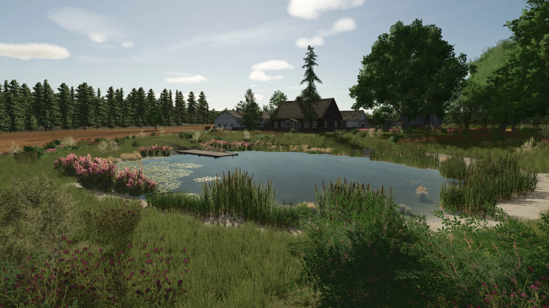 Farming Simulator 25 mod showcasing a scenic pond with surrounding vegetation and rural houses in Lipinki v1.3.0.0.