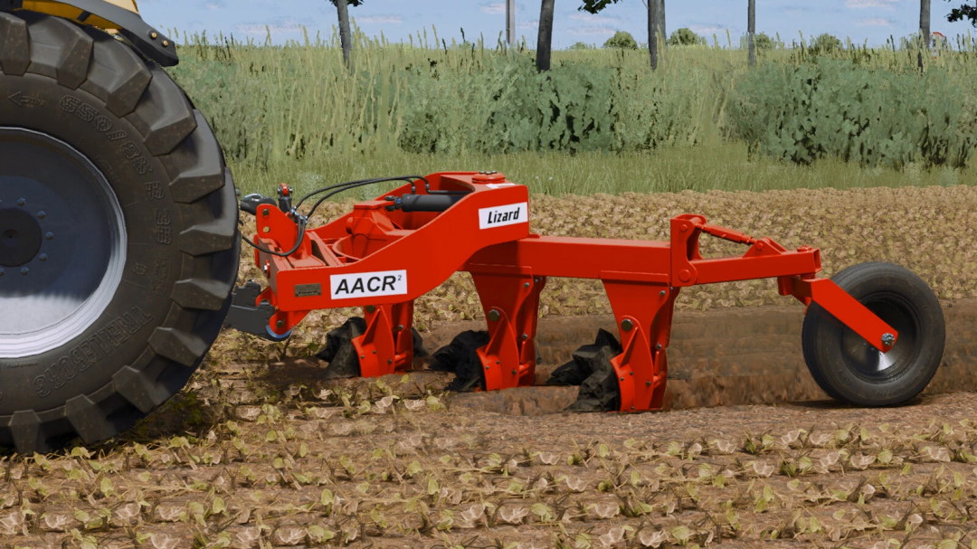 Farming Simulator 25 mod: Red Lizard AACR2 cultivator attached to a tractor in a field, part of the FS25 mods collection.