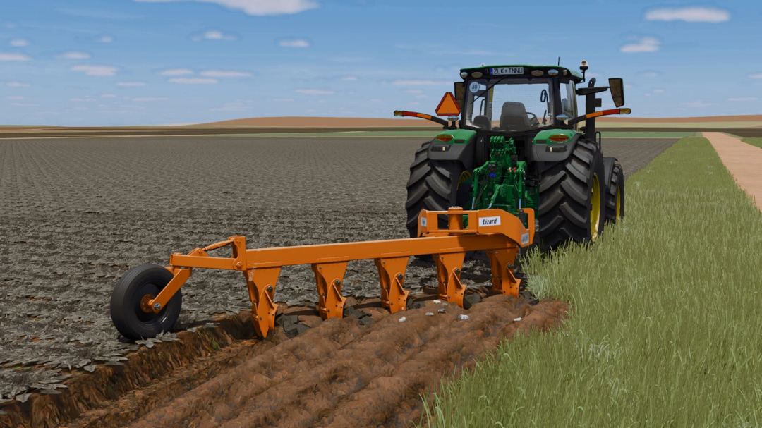 Farming Simulator 25 mod: A tractor with Lizard AACR2 cultivator working on farmland in FS25.