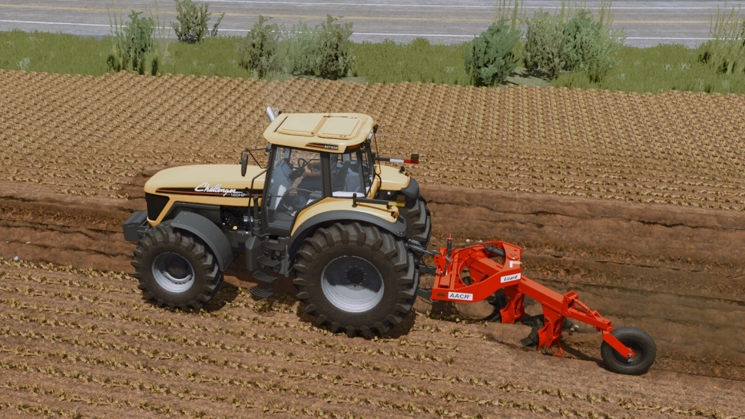 Farming Simulator 25 mod: Challenge tractor with Lizard AACR2 rotary tiller working in a field.