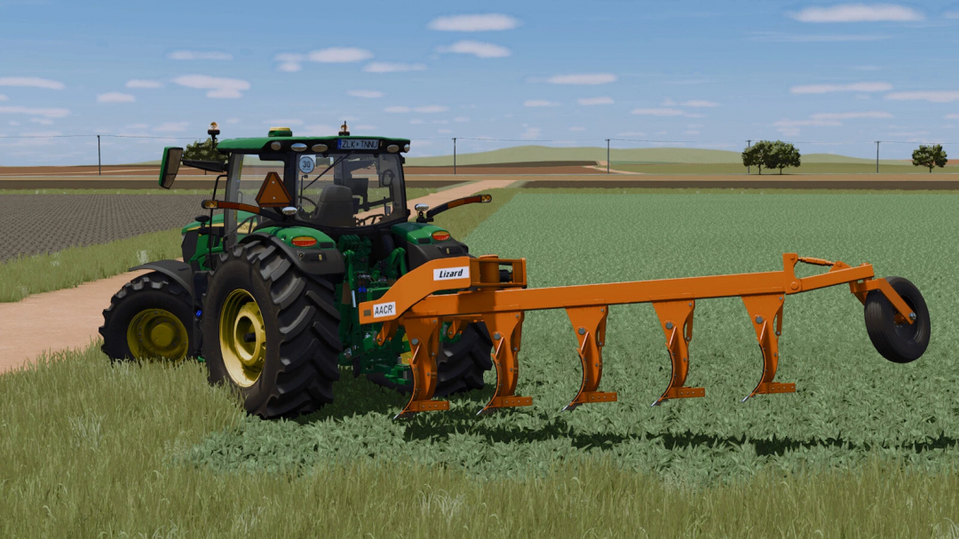 Farming Simulator 25 mod: Green tractor with an orange Lizard AACR2 v1.0.0.0 cultivator attachment in a field. Keywords: FS25 mods, Farming Simulator 25 mods.