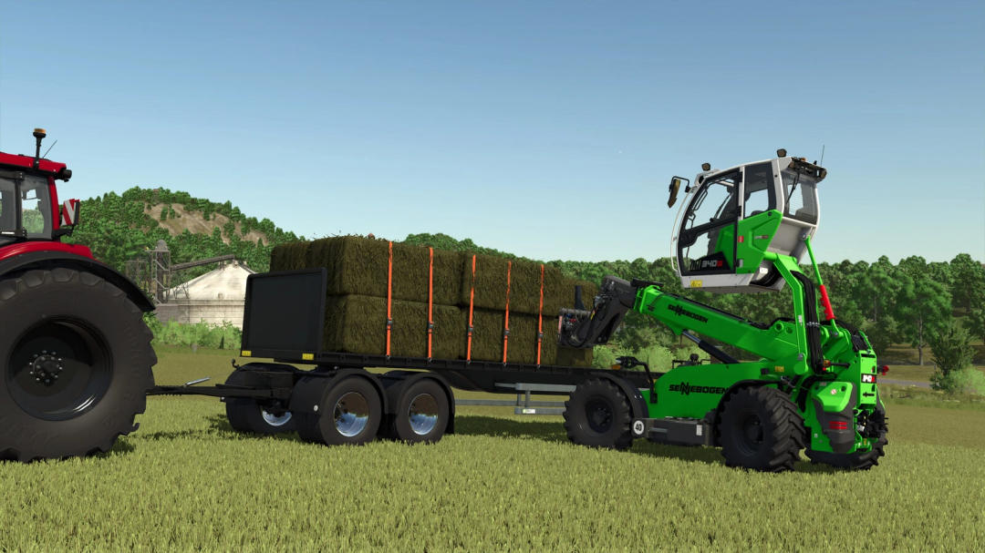 Farming Simulator 25 mod: green Sennebogen loader lifting hay bales onto a trailer, with a tractor in the background.