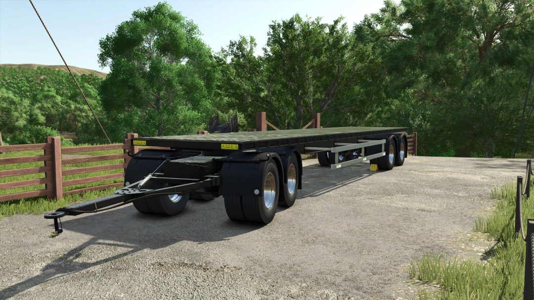 Farming Simulator 25 mod: Lizard Flatbed Trailer v1.0.0.0 on a gravel lot, with a green background and wooden fence.