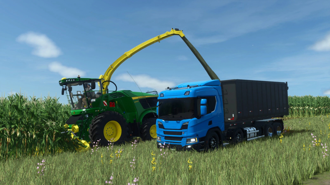 Farming Simulator 25 mod image featuring a green John Deere combine harvesting crops and a blue transport truck in a field.