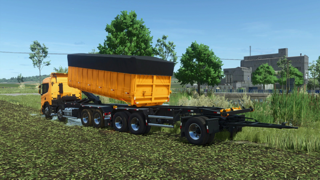 Farming Simulator 25 mod: orange Lizard NTG P320 Roll-On dump trailer on a farm field with green trees and blue sky.