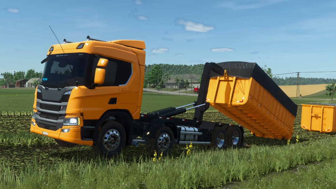 Farming Simulator 25 mod featuring the Lizard NTG P320 Roll-On trailer in a bright orange color on a field.