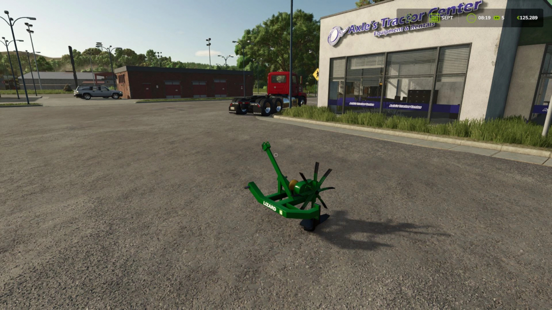 Farming Simulator 25 mod: Lizard VK1, an agricultural tractor attachment, shown in front of Axle's Tractor Center in FS25 game.