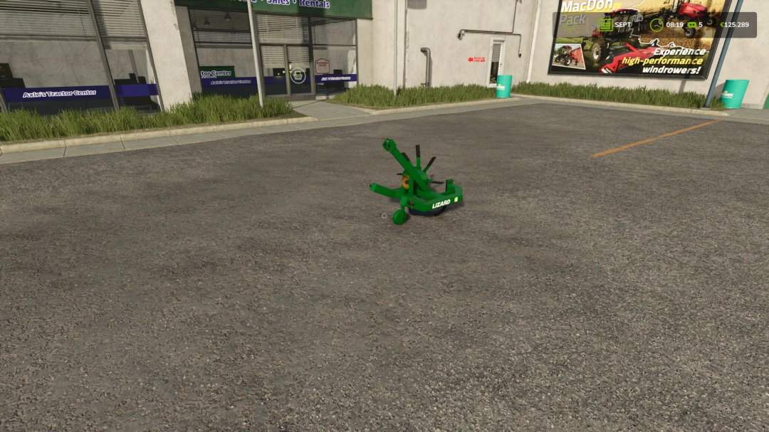 Farming Simulator 25 mod: Lizard VK1 v1.0.0.0 on parking lot in front of Axle's Tractor Center.