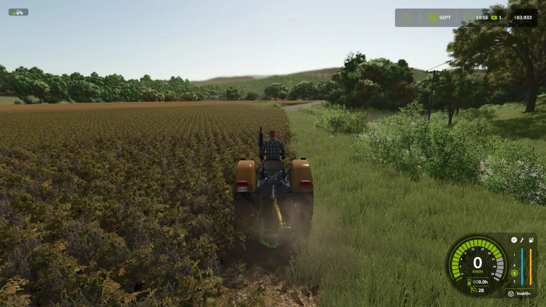 Farming Simulator 25 mod screenshot showing a farmer on a Lizard VK1 tractor in a field with trees and power lines, part of FS25 mods.