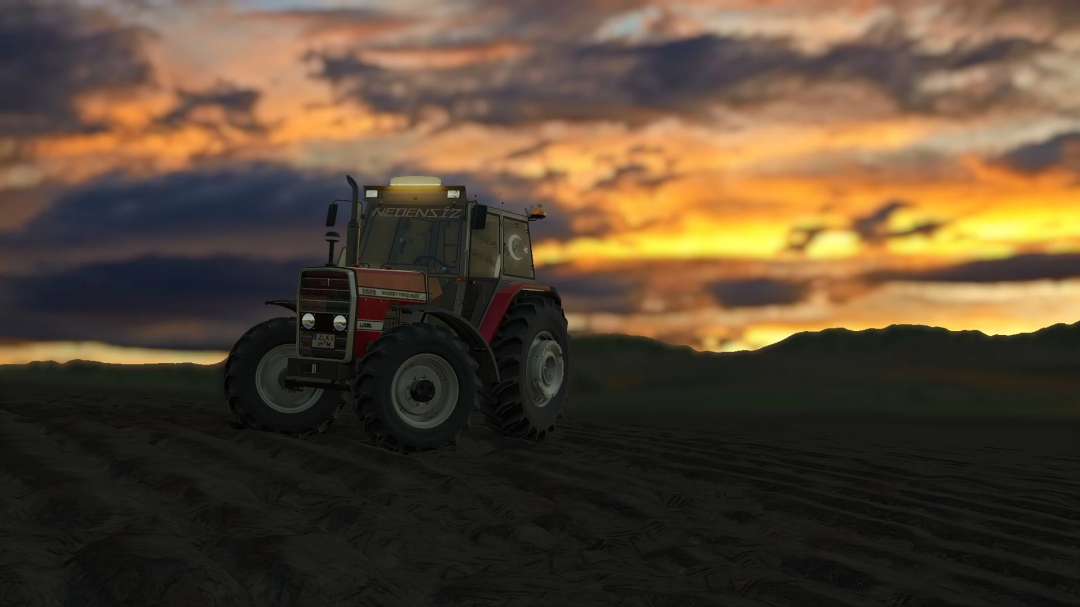 Farming Simulator 25 mod: Massey Ferguson 265 tractor on a field at sunset.
