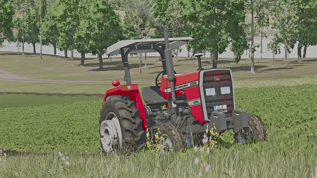 Farming Simulator 25 mod: Massey Ferguson 265 tractor on a farm field with green grass and trees in the background.