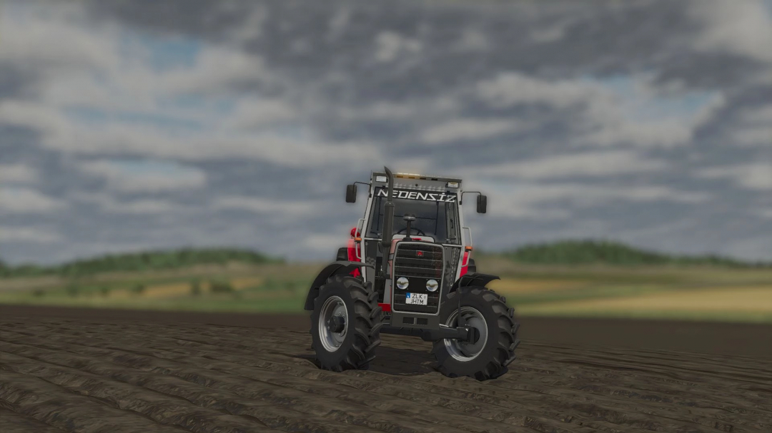 Farming Simulator 25 mod: Massey Ferguson 265 tractor on a plowed field with cloudy sky.