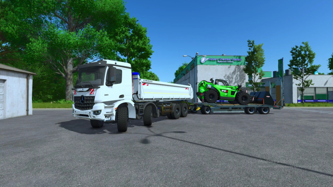 Farming Simulator 25 mod: Mercedes Arocs 8x8 truck hauling a green off-road vehicle on a trailer.