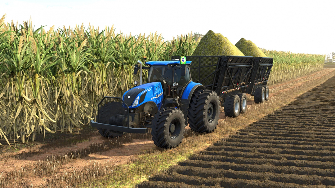 Farming Simulator 25 mod: blue New Holland T7 HD Edition tractor pulling a grain trailer in a cornfield.