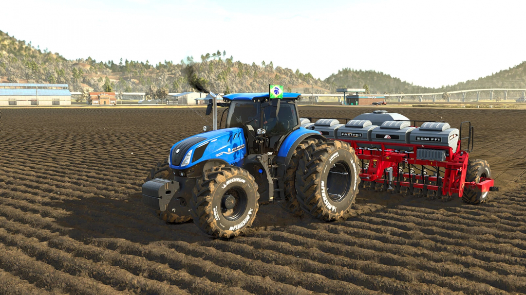 Farming Simulator 25 mod featuring a blue New Holland T7 tractor with a red fertilizer spreader on cultivated farmland.