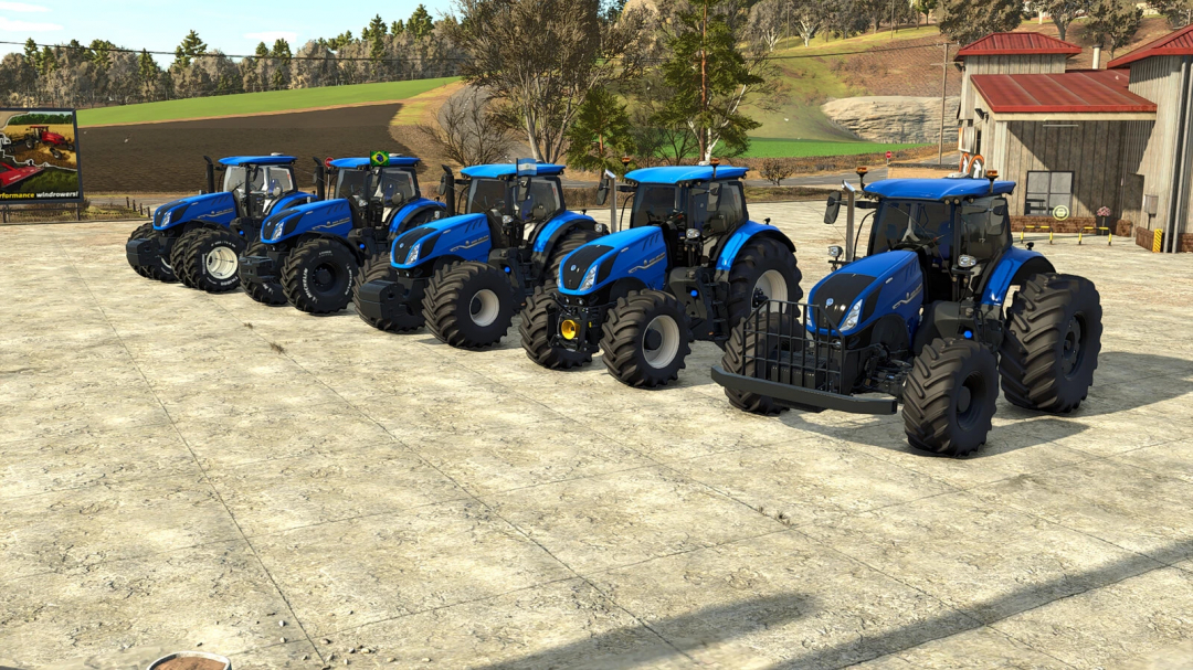 Six New Holland T7 HD Edition tractors in a row on Farming Simulator 25, showcasing FS25 mods with blue color and detailed design.