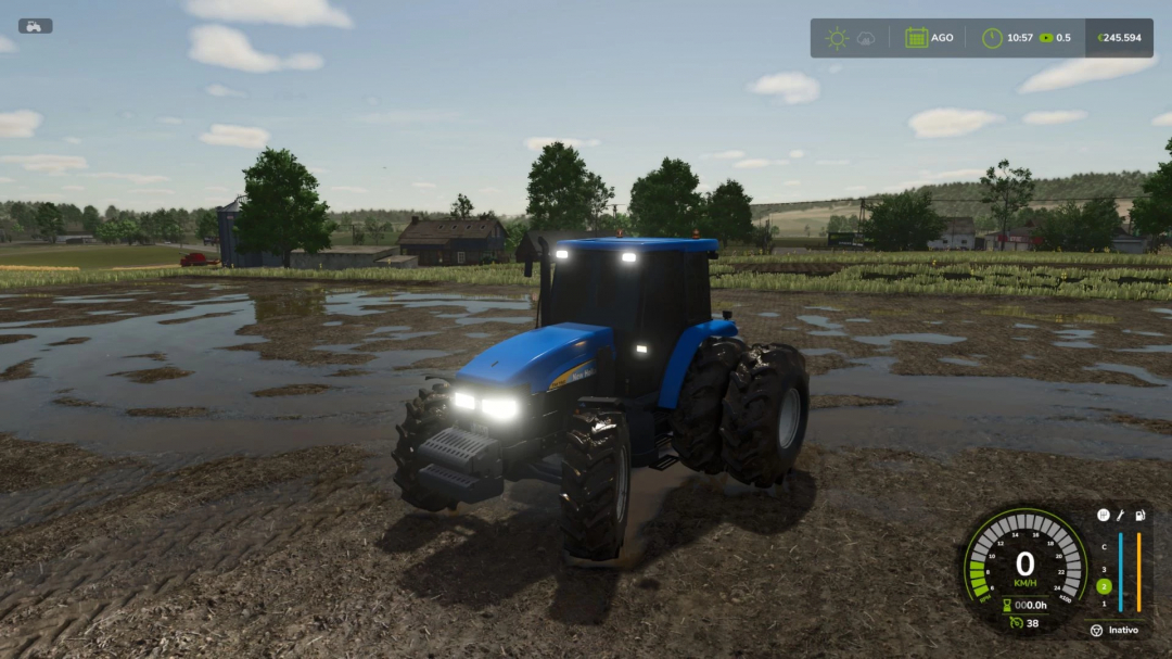 Farming Simulator 25 mod: New Holland TM v1.0.0.0 tractor on a muddy field with farm buildings in the background.