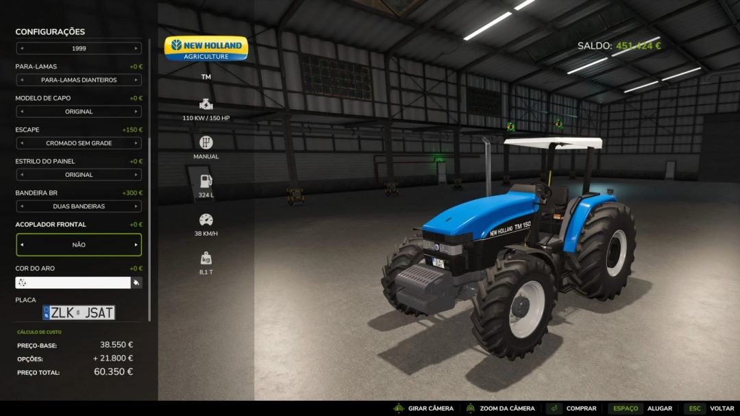 Farming Simulator 25 mod image showing a blue New Holland TM tractor in a virtual garage, part of FS25 mods collection.