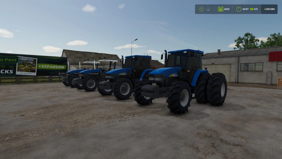 Lineup of New Holland tractors in Farming Simulator 25 with the New Holland TM v1.0.0.0 mod, showing detailed textures and realistic environment.