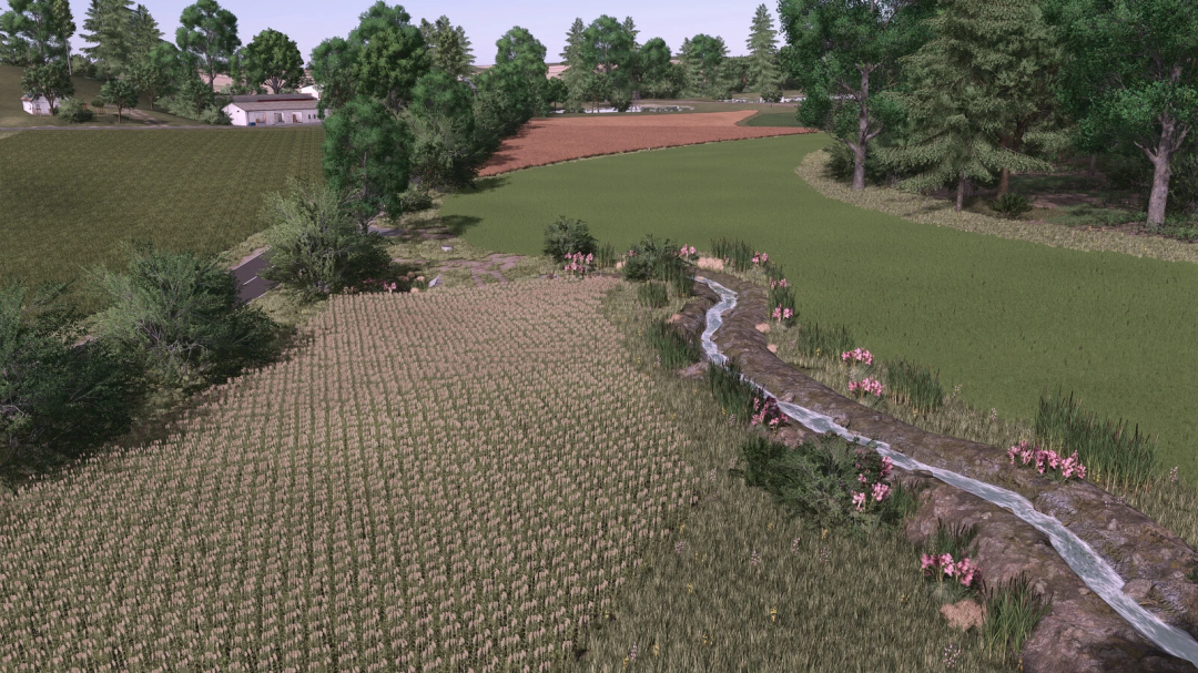 Farming Simulator 25 mod Oberschwaben v1.0.0.2 showing a scenic farm landscape with trees, fields, and a small river.