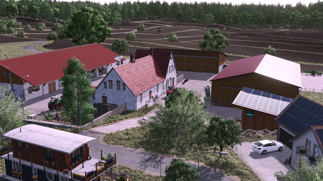 Farming Simulator 25 mod 'Oberschwaben v1.0.0.2' showcasing rural farm buildings, equipment, and lush landscape.