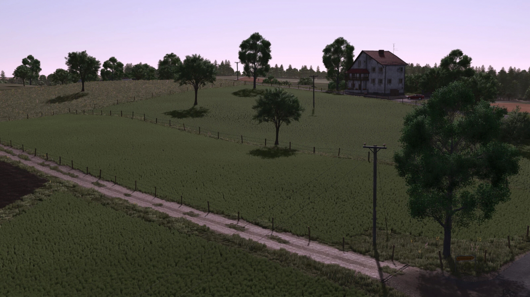 Farming Simulator 25 mod: Oberschwaben v1.0.0.2, rural landscape with trees, houses, and power lines.