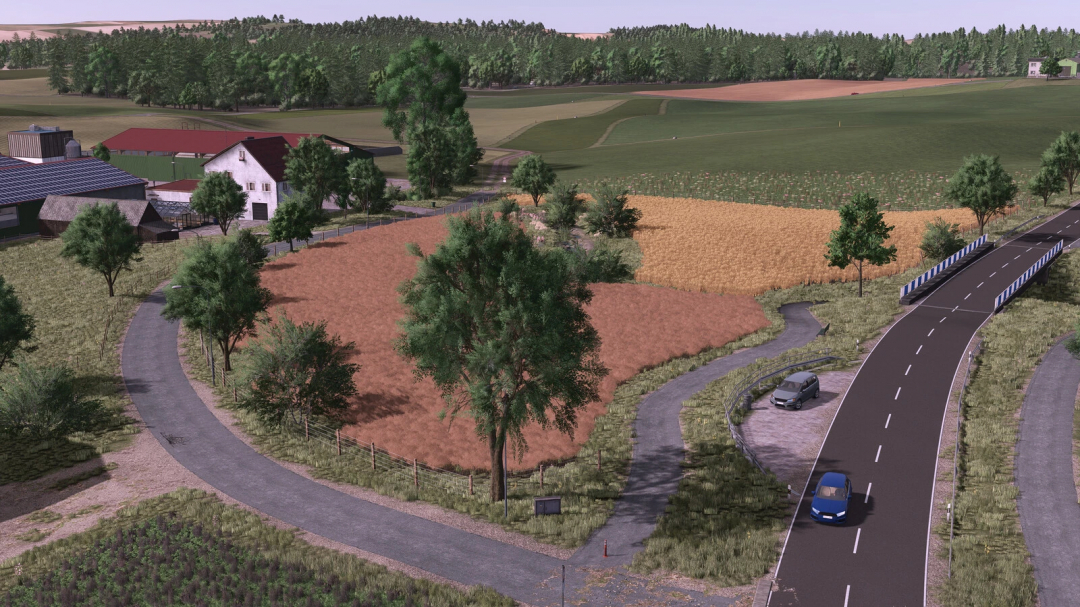 Scenic rural landscape in Farming Simulator 25 with trees, fields, a farmstead, and a winding road, showcasing Oberschwaben v1.0.0.2 mod.