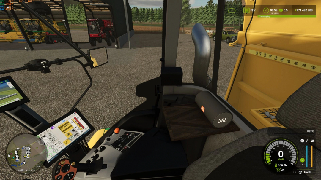Inside a Farming Simulator 25 mod tractor cabin with dashboard, joystick, and navigation screen, showcasing detailed vehicle controls.