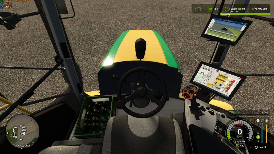 Inside view of a Farming Simulator 25 mod tractor with multiple digital displays and a steering wheel, featuring the Oxbo AT5105 Edit mod.