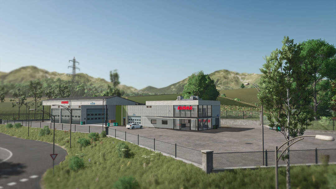 Claas dealership in Farming Simulator 25 with CLAAS signage and service area, part of FS25 mods, Pallegney v1.1.0.1 game mod.
