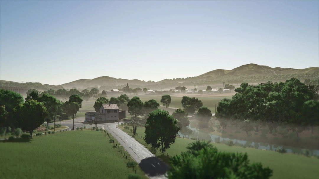 Scenic rural landscape with a winding road, trees, fields, and hills, for Farming Simulator 25 mods, Pallegney v1.1.0.1 scene.