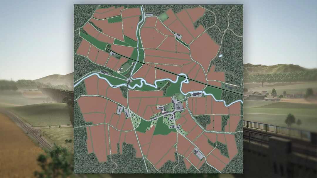 Map from Farming Simulator 25 with vineyards, roads, fields, and water features showcasing the Pallegney v1.1.0.1 mod.