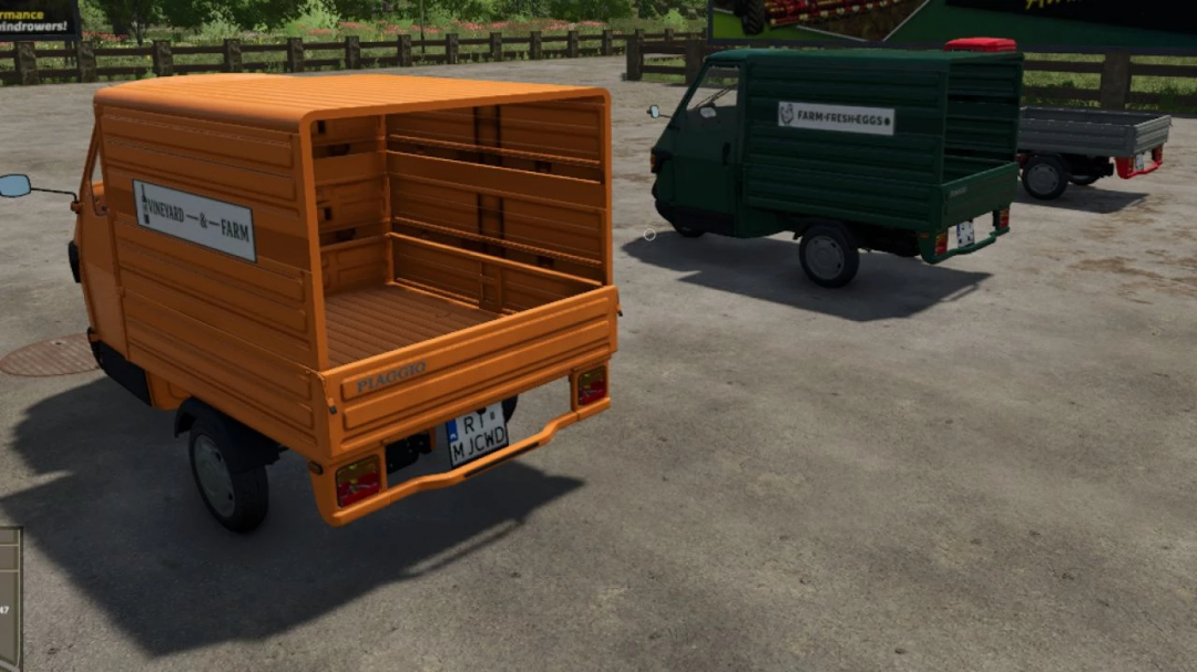 Farming Simulator 25 mods, Piaggio Ape 50 van v1.0.0.0 with open cargo bed for agriculture transport.