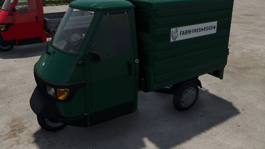 Green Piaggio Ape 50 van mod with 'FARM.FRESH.EGGS' sign from Farming Simulator 25 mods, used for transporting farm produce.