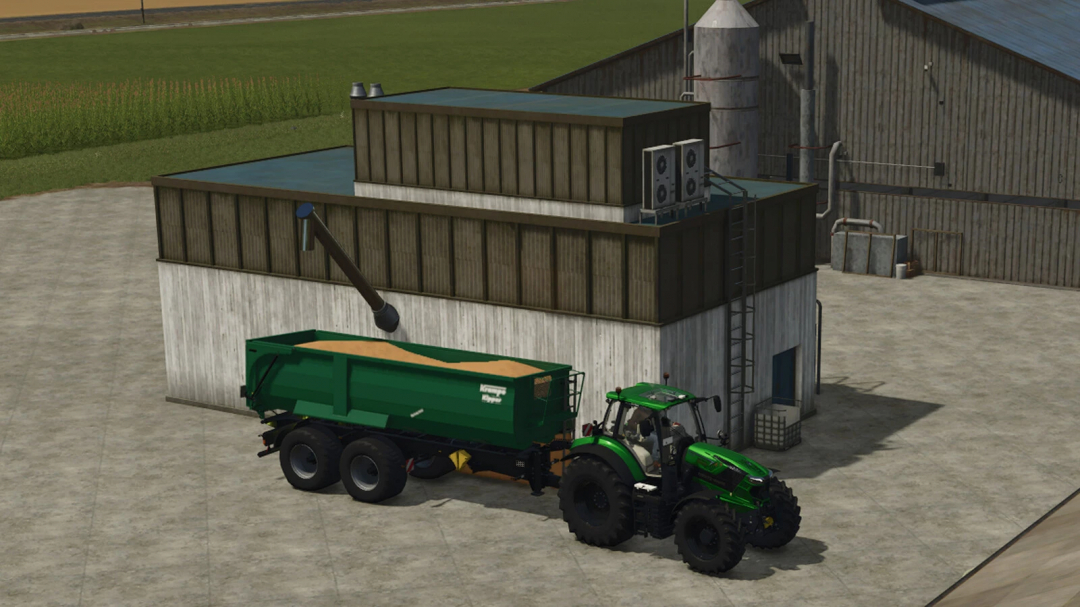 Farming Simulator 25 mod: Pig Food Mixer v1.0.0.0, showing a green tractor with a feed trailer at a farm building.