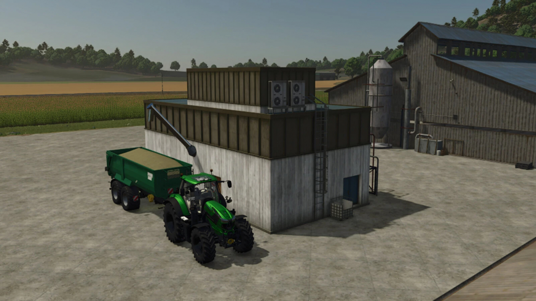Farming Simulator 25 mod scene with a tractor and pig food mixer, showcasing the Pig Food Mixer v1.0.0.0 for efficient farming and pig nutrition.