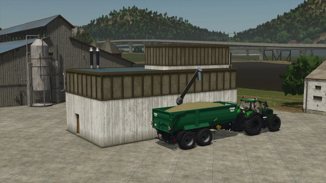 Farming Simulator 25 mod: tractor with pig food mixer in a farm yard setting.