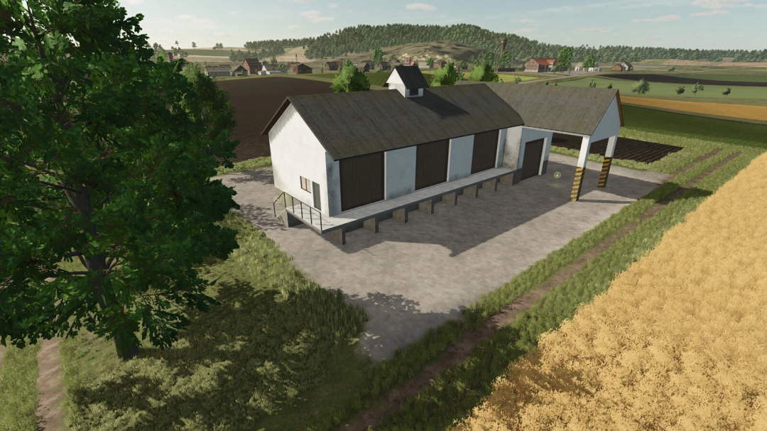 Farm building from Farming Simulator 25 with mods for Pig Food Production v1.0.0.0 in a rural setting.