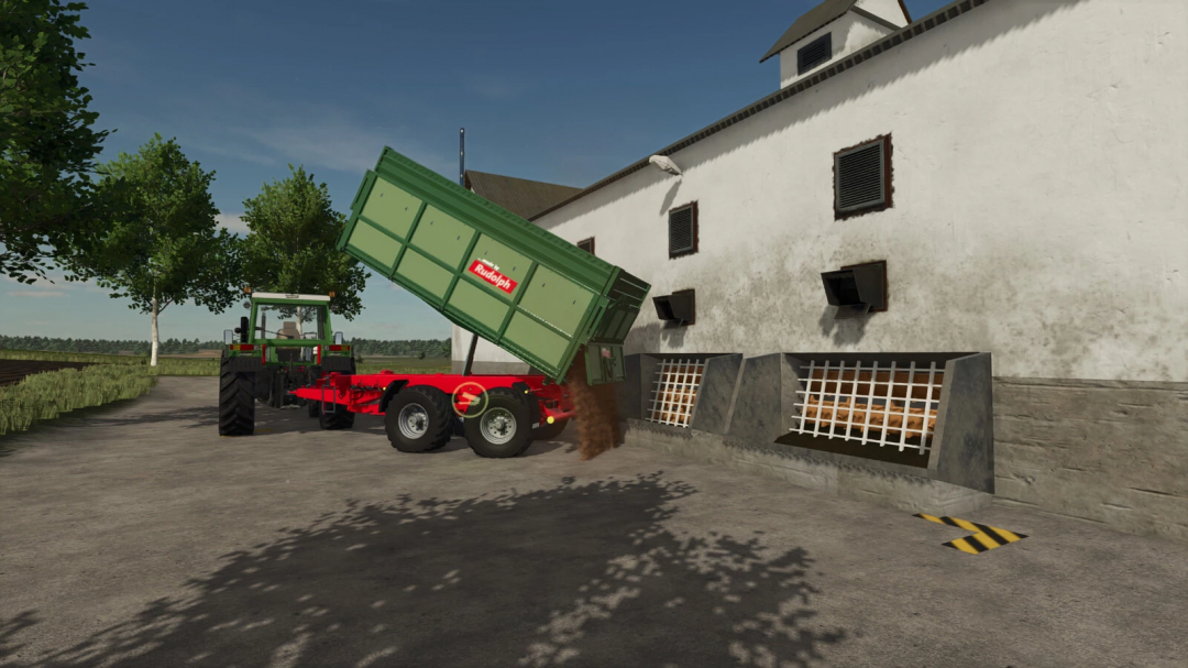 Farming Simulator 25 mod: Pig Food Production v1.0.0.0, tractor unloading pig feed at a pig farm.