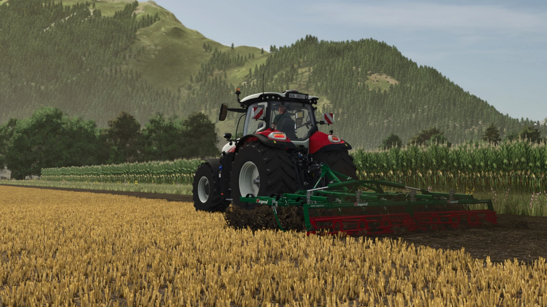 Farming Simulator 25 mod: Tracteur Regent Terrakan R4 500 harvesting a field with agricultural equipment in a scenic landscape.