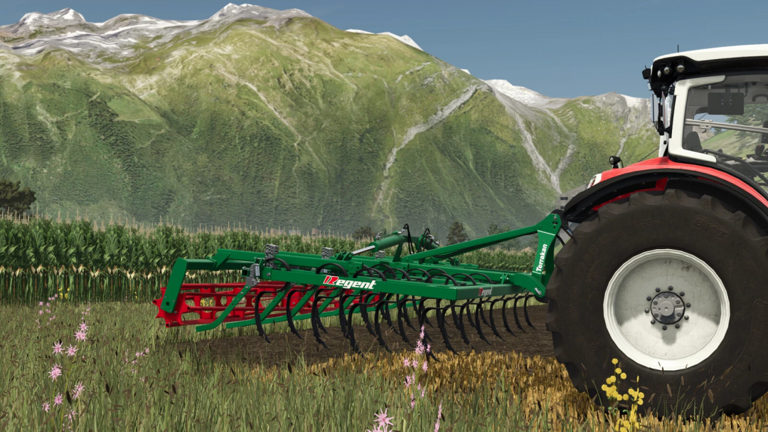 Farming Simulator 25 mod: Regent Terrakan R4 500 plow attached to a tractor in green fields with mountains in the background.