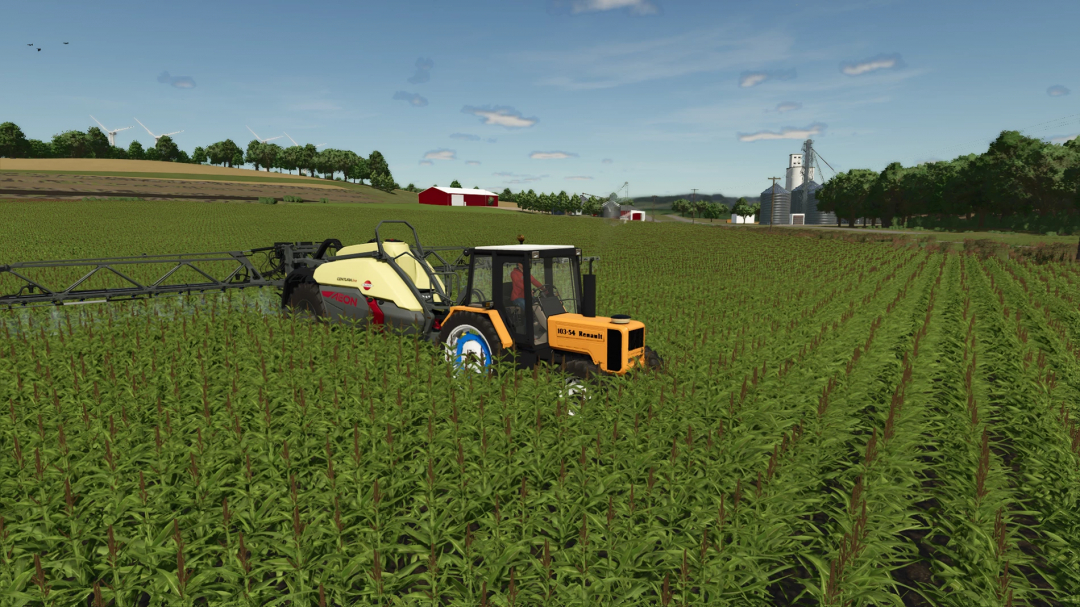 Farming Simulator 25 mods: Renault 103-54 FS25 v1.0.0.0 tractor working in a cornfield with a mounted sprayer.