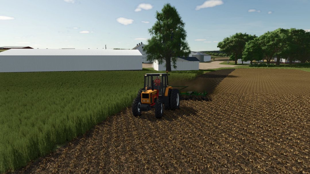 Farming Simulator 25 mod: tractor working in a field with green crops and plowed soil, featuring the Renault 103-54 FS25 v1.0.0.0.