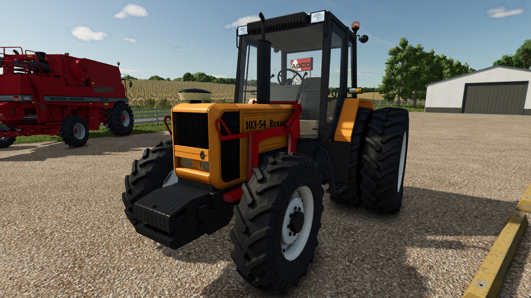 Farming Simulator 25 mod: Renault 103-54 FS25 tractor with yellow and black design on a gravel farmyard.