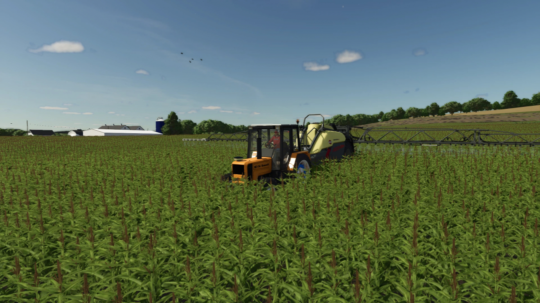 Farming Simulator 25 mod image featuring a Renault 103-54 FS25 v1.0.0.0 tractor spraying a crop field in the game.