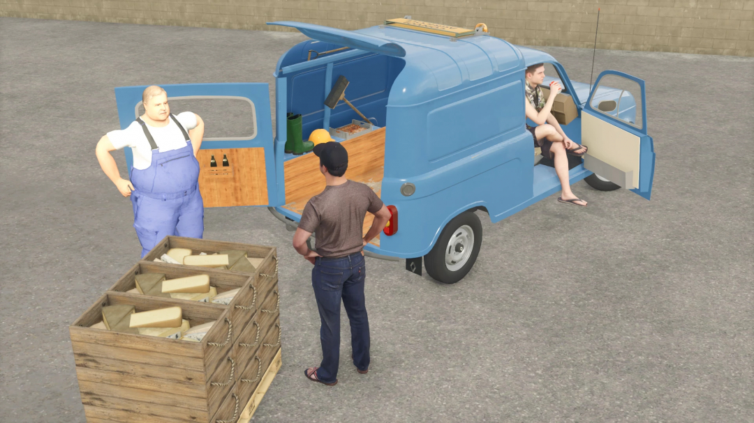 Farming Simulator 25 mod showcasing a classic blue Renault R4 van used for farm logistics.