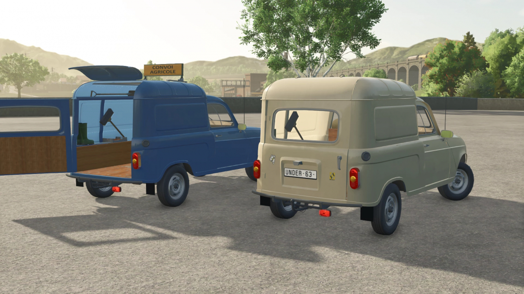 Farming Simulator 25 mod: Renault R4 vintage cars parked in a farmyard setting, showcasing classic vehicle mods for FS25.