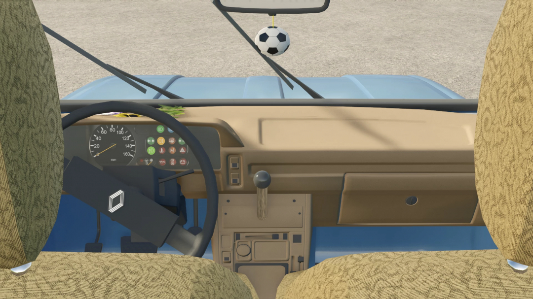 Inside view of a classic Renault R4 vehicle in Farming Simulator 25 with a soccer ball hanging on the rearview mirror, showcasing FS25 mods.
